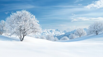 Obraz premium A snowy landscape with a tree in the foreground. The sky is blue and clear, and the mountains in the background are covered in snow. The scene is peaceful and serene, with the snow-covered ground