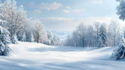 Fototapeta premium A snowy field with trees in the background. The sky is blue and the snow is white