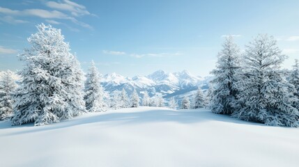 A snowy landscape with a mountain in the background. The trees are bare and covered in snow. The sky is clear and blue