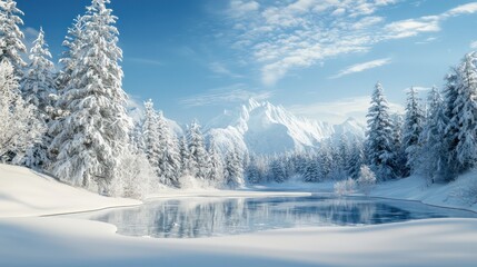Obraz premium A snowy landscape with a river and mountains in the background. The scene is peaceful and serene, with the snow-covered trees and the calm water reflecting the blue sky