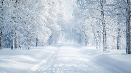 Naklejka premium A snow covered road with trees in the background
