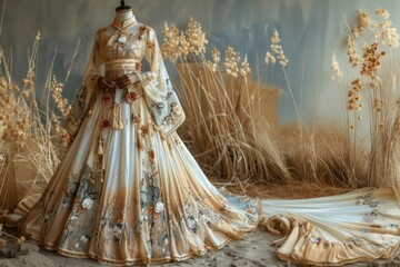 A woman is wearing a long, flowing dress with a floral pattern