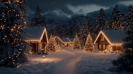 Fototapeta premium A small village with houses and trees covered in lights. Scene is warm and cozy, perfect for the holiday season