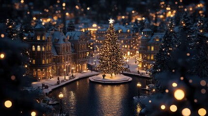 A Christmas tree is lit up in a city with snow on the ground. The lights on the tree and the buildings create a warm and festive atmosphere