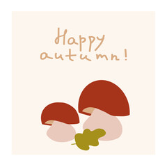 Two whimsical mushrooms with red caps and a leaf, celebrating the arrival of autumn in a warm, inviting design