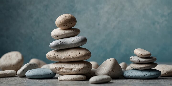 Stack of smooth white stones on a pale blue background.