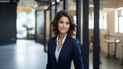 Obraz premium A stunning portrait of a mature brunette businesswoman with a warm smile. Her healthy skin and flawless makeup highlight her natural beauty