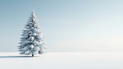A snow covered pine tree stands alone in a field. Concept of solitude and tranquility, as the tree stands tall and proud in the midst of the snow. The white landscape adds to the peaceful atmosphere