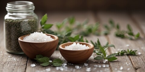 White wood background with bath salt and herbal leaves perfect for a copy space image.