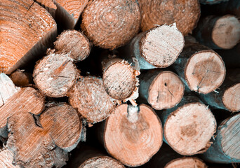 Firewood for heating, rural wooden background.