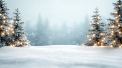 A snowy landscape with two evergreen trees lit up with Christmas lights. The scene is peaceful and serene, with the snow-covered ground and the glowing lights creating a warm and inviting atmosphere