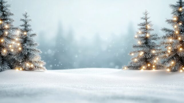 A snowy landscape with two evergreen trees lit up with Christmas lights. The scene is peaceful and serene, with the snow-covered ground and the glowing lights creating a warm and inviting atmosphere