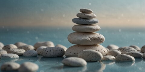 Stack of smooth white stones on a pale blue background.