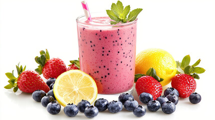 Healthy food concept. Fruit smoothie with strawberries, blueberries, and lemon slices on a white background. Fruit milkshakes. Colorful fruit smoothies and fresh fruits. Copy space area for text