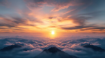 The sky is filled with clouds and the sun is setting. The clouds are white and the sky is a mix of blue and orange. The sun is setting behind the mountains, creating a beautiful and serene atmosphere
