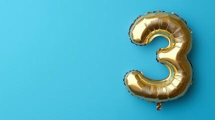 Gold balloon number 3 with copy space, third years anniversary on blue background. Party, birthday, celebration and wedding banner