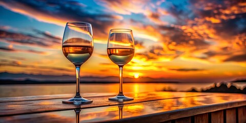 Pair of wine glasses on a bar at sunset, reflecting the warm colors of the sky