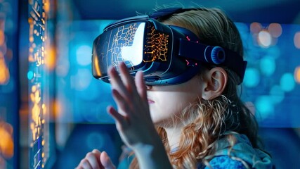 In a science lab, a little girl uses virtual reality to learn about chemical structure.A young girl in a science lab utilising virtual reality to learn about chemical structure - Powered by Adobe