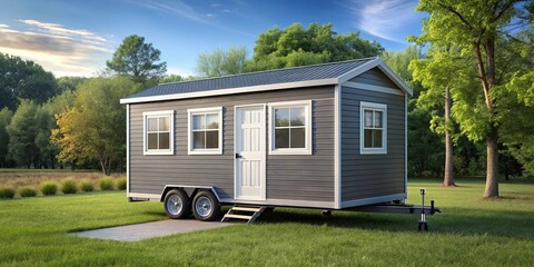 A small gray house on wheels parked in a tranquil setting