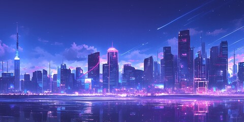 Obraz premium Anime-Inspired Cityscape at Night: Vibrant Autumn Urban Skyline with Glowing Skyscrapers Mirrored in River. Dreamy Cosmic Background with Twinkling Stars and Nebula in Rich Blues and Purples. AI-Gener