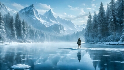 
a person stands in front of a lake with snow covered mountains in the background.

