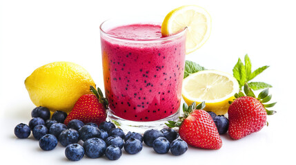 Healthy food concept. Fruit smoothie with strawberries, blueberries, and lemon slices on a white background. Fruit milkshakes. Colorful fruit smoothies and fresh fruits. Copy space area for text