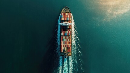Aerial perspective of a large cargo ship with a clear contrail against blue waters, Cargo Ship, Aerial,Sea Transport