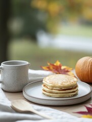 A tranquil autumn morning accompanied by a warm breakfast spread, featuring pumpkin pancakes and a delightful apple-cinnamon topping.