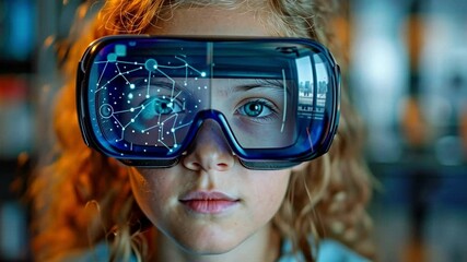 In a science lab, a little girl uses virtual reality to learn about chemical structure.A young girl in a science lab utilising virtual reality to learn about chemical structure - Powered by Adobe
