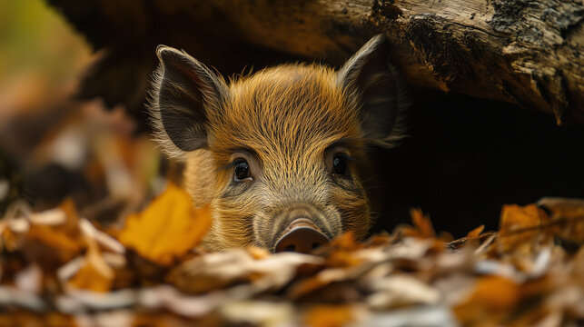 Młody dzik wychyla się spośr&oacute;d opadłych liści i uważnie przygląda się otoczeniu w lesie, częściowo ukryty za drewnianym pniem.