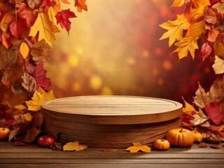 autumn composition with empty round podium and red and yellow leaves