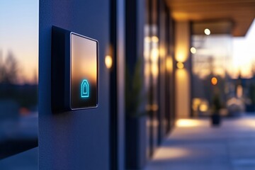 Smart door control, holographic keycard system, modern home exterior, twilight setting, No logo, No Trademark, No text, minimal concept with copy space for stock photo