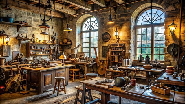 Renaissance-era inventor's workshop cluttered with antique gadgets, half-finished machines, and sketches of innovative designs on wooden desks and stone walls.