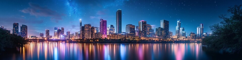 Fototapeta premium Anime-Inspired Cityscape at Night: Vibrant Autumn Urban Skyline with Glowing Skyscrapers Mirrored in River. Dreamy Cosmic Background with Twinkling Stars and Nebula in Rich Blues and Purples. AI-Gener