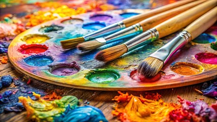 Obraz premium Closeup of colorful mixed paints on an art palette with paintbrushes