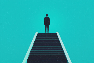 A silhouetted figure standing confidently at the top of stairs, representing achievement and ambition against a turquoise background.