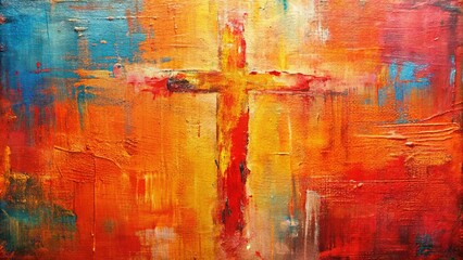 Bright contemporary oil painting with cross hatching brush strokes and scratched paint created by a palette knife in coral colors on canvas