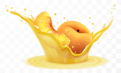 Fresh ripe peach falls into a splash of juice, isolated on transparent background. Realistic 3d vector illustration. Summer vitamin food and drink. Peach smoothie splash, vitamin cocktail