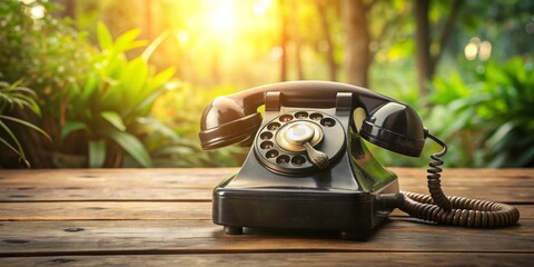 Retro vintage black rotary dial telephone sits on a rustic wooden table, surrounded by subtle natural light, evoking a sense of nostalgia and classic charm.