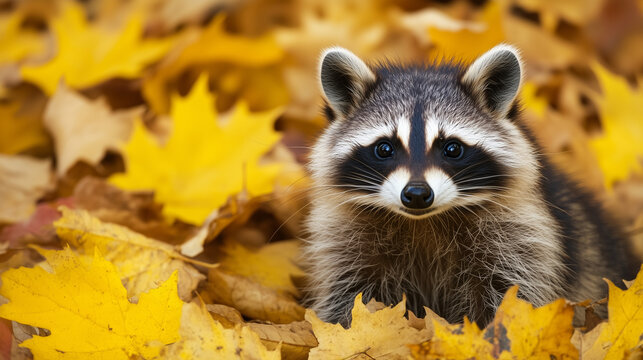 Bliskie ujęcie szopa praczka wśr&oacute;d jesiennych liści, kt&oacute;re podkreślają jego unikalną, maskującą twarz i wyraziste, pełne ekspresji oczy.