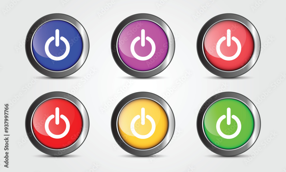 Poster set of different color circle power button vector illustration.