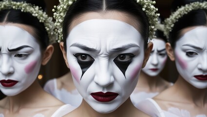 Three Women in White Face with Flower Headbands