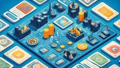 Abstract depiction of global economy symbols interconnected by policy gears, concept of international economic strategy generativeAi