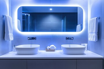 Sleek high-tech bathroom with voice-activated smart mirror, temperature control, and ambient light settings, ultra-modern design, No logo, No Trademark, No text, minimal concept with copy space for