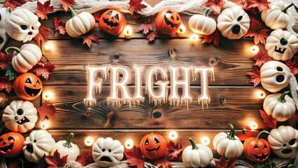 Naklejka premium Jack o Lantern and Ghost Border with Fright Text concept as A spooky border frame featuring jack o lanterns and ghosts at the corners with the word Fright in a bold eerie font. The design includes amp