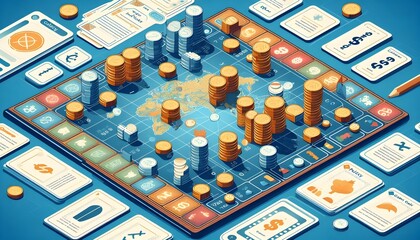 Abstract depiction of global economy symbols interconnected by policy gears, concept of international economic strategy generativeAi