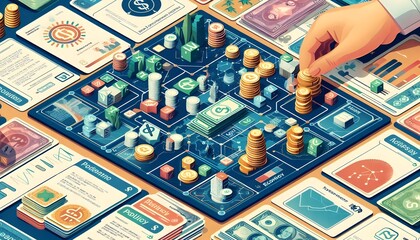 Abstract depiction of global economy symbols interconnected by policy gears, concept of international economic strategy generativeAi