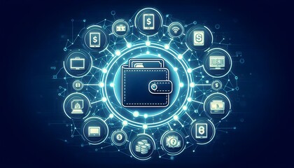 Digital wallet icon surrounded by a network of interconnected devices, illustrating the seamless integration across platforms, Wallet icon network devices, Connected finance,generative Ai