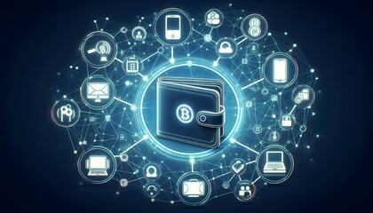 Digital wallet icon surrounded by a network of interconnected devices, illustrating the seamless integration across platforms, Wallet icon network devices, Connected finance,generative Ai