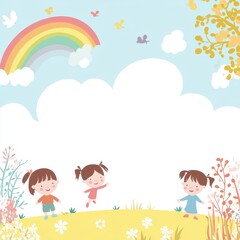 Naklejka premium children playing in the field with a rainbow